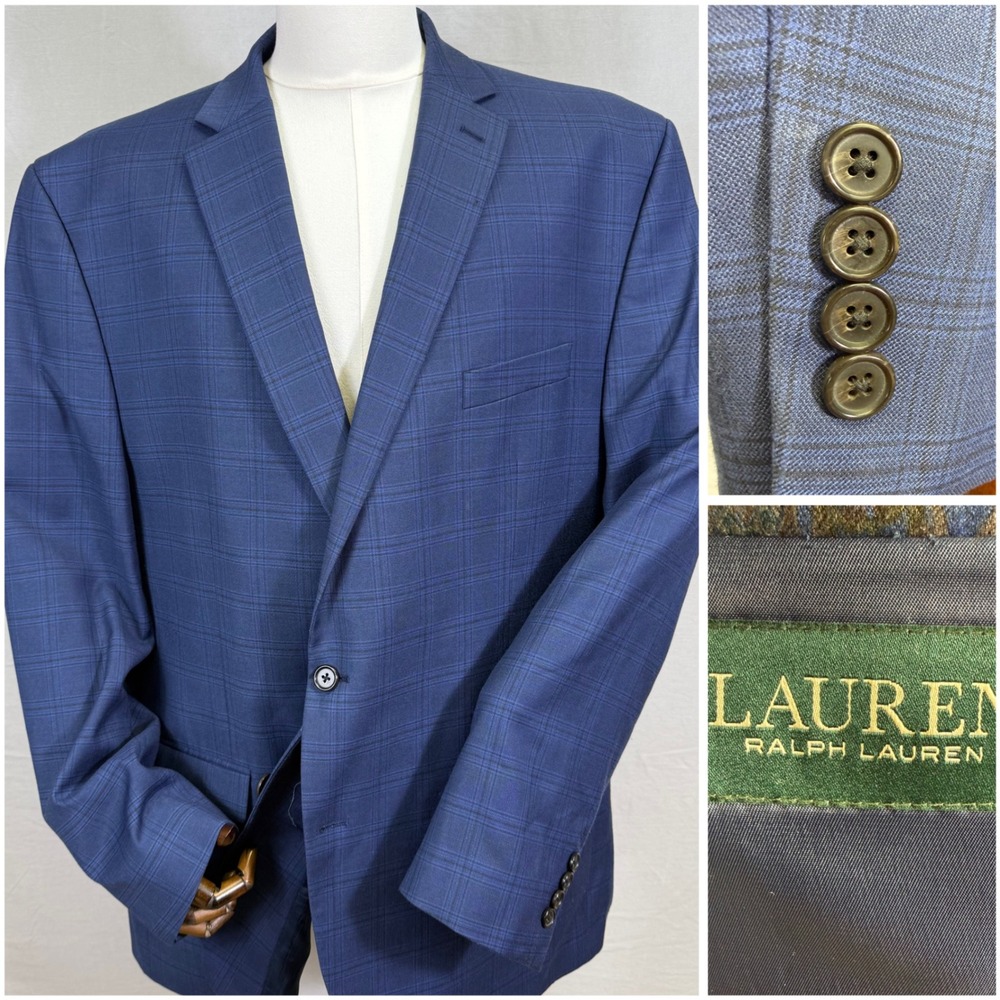 Lauren Ralph Lauren Blazer Mens 52L Blue Plaid Windowpane Check 2 Button Vented